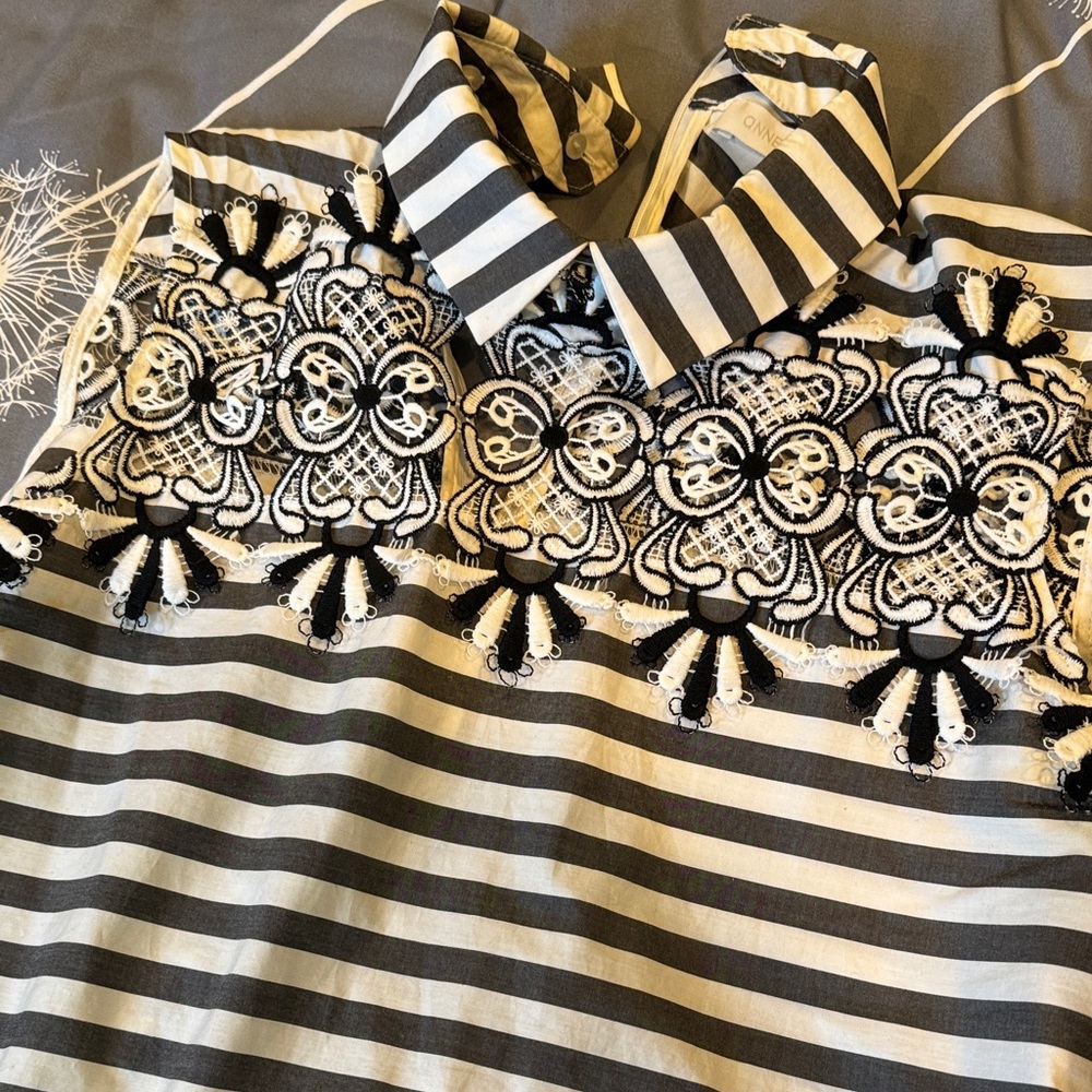 Anne Fontaine Black and White Striped Blouse with Lace